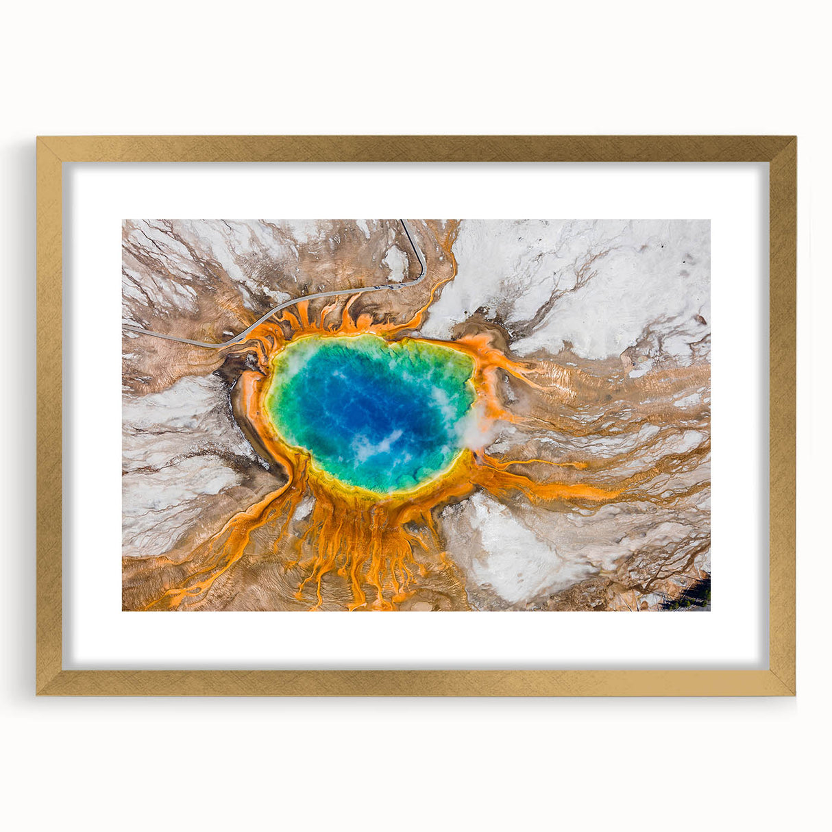 Abstract art print of Yellowstone featuring vibrant colors and textured design on a large framed canvas.