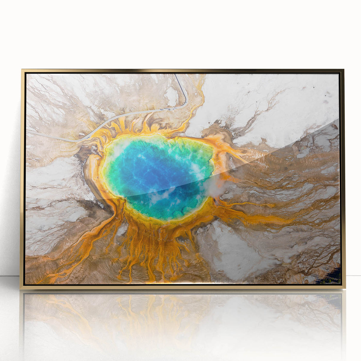 Large abstract wall art depicting Yellowstone scenery in muted earth tones on a framed acrylic.
