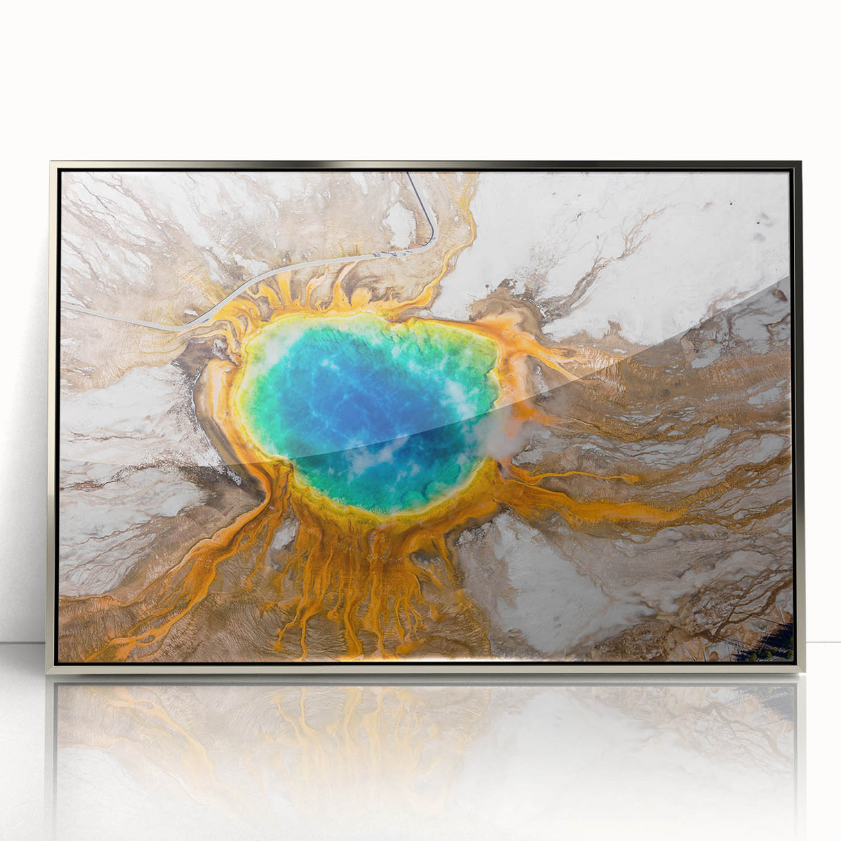 Large art print of Yellowstone scenery in muted earth tones, framed in silver acrylic, suitable for modern decor.