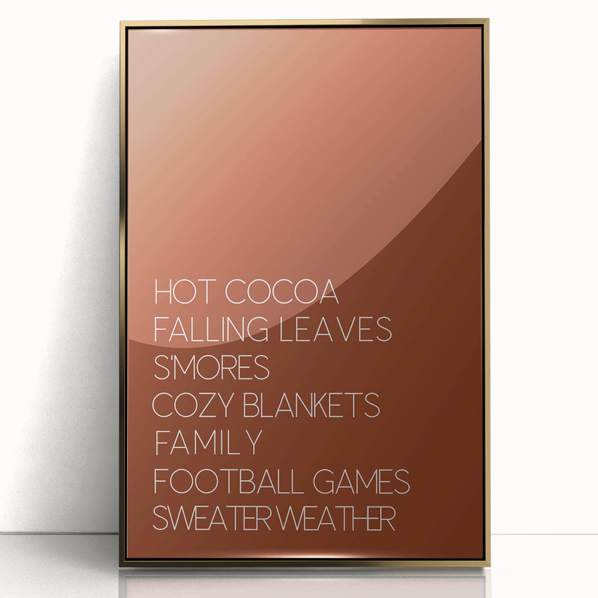 Large art print of a mid-century modernist fall scene with gold and orange tones on framed acrylic.
