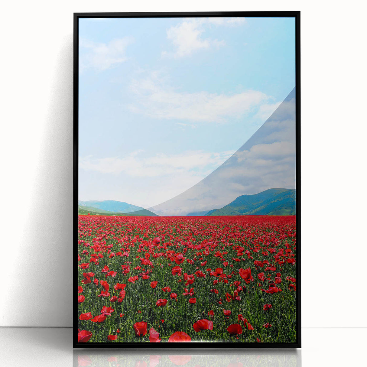 Large abstract wall art depicting spring, in vibrant green and yellow tones, framed in black acrylic.