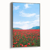 Framed canvas featuring a vintage landscape art painting of spring, with colorful trees and a black background.