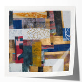 Abstract geometric art print mockup showcasing a glossy finish, featuring vibrant colors and dynamic shapes, ideal for modern home decor and artistic displays.