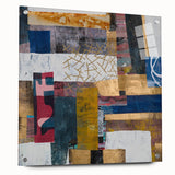 Abstract geometric acrylic glass artwork showcasing vibrant colors and intricate patterns, viewed from the side with visible mounting pins. Ideal for modern decor.
