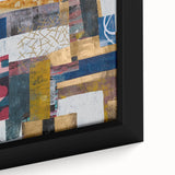 Close-up of an abstract geometric framed canvas artwork showcasing vibrant colors and intricate patterns, ideal for modern home decor or art collections.