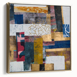 Abstract geometric framed canvas art in silver and gold hues, showcasing intricate shapes and patterns, perfect for modern home decor and stylish interiors.
