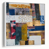 Abstract geometric framed canvas artwork in a sleek white frame, showcasing vibrant colors and intricate patterns, ideal for modern home decor.