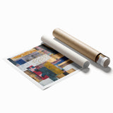 Abstract geometric rolled print showcasing vibrant colors and intricate patterns, elegantly packaged in a protective cardboard tube for easy display or gifting.