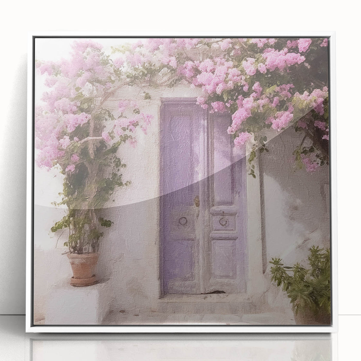 Framed acrylic print of a Greek door in art deco style, featuring white and neutral tones.