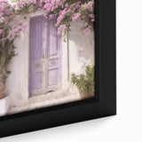 Close-up of a black framed canvas featuring a textured depiction of a colorful Greek door.