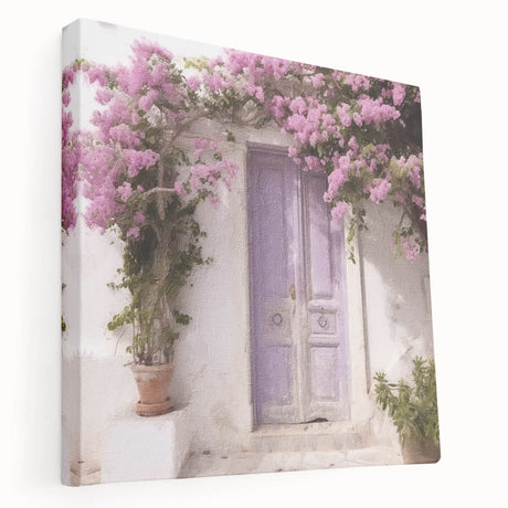 Side view of a large stretched canvas featuring a Greek door architecture design in earth tones, ideal for kitchen wall art.