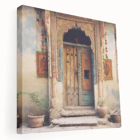 Indian architecture door design on stretched canvas, featuring earthy tones, ideal for kitchen wall art.