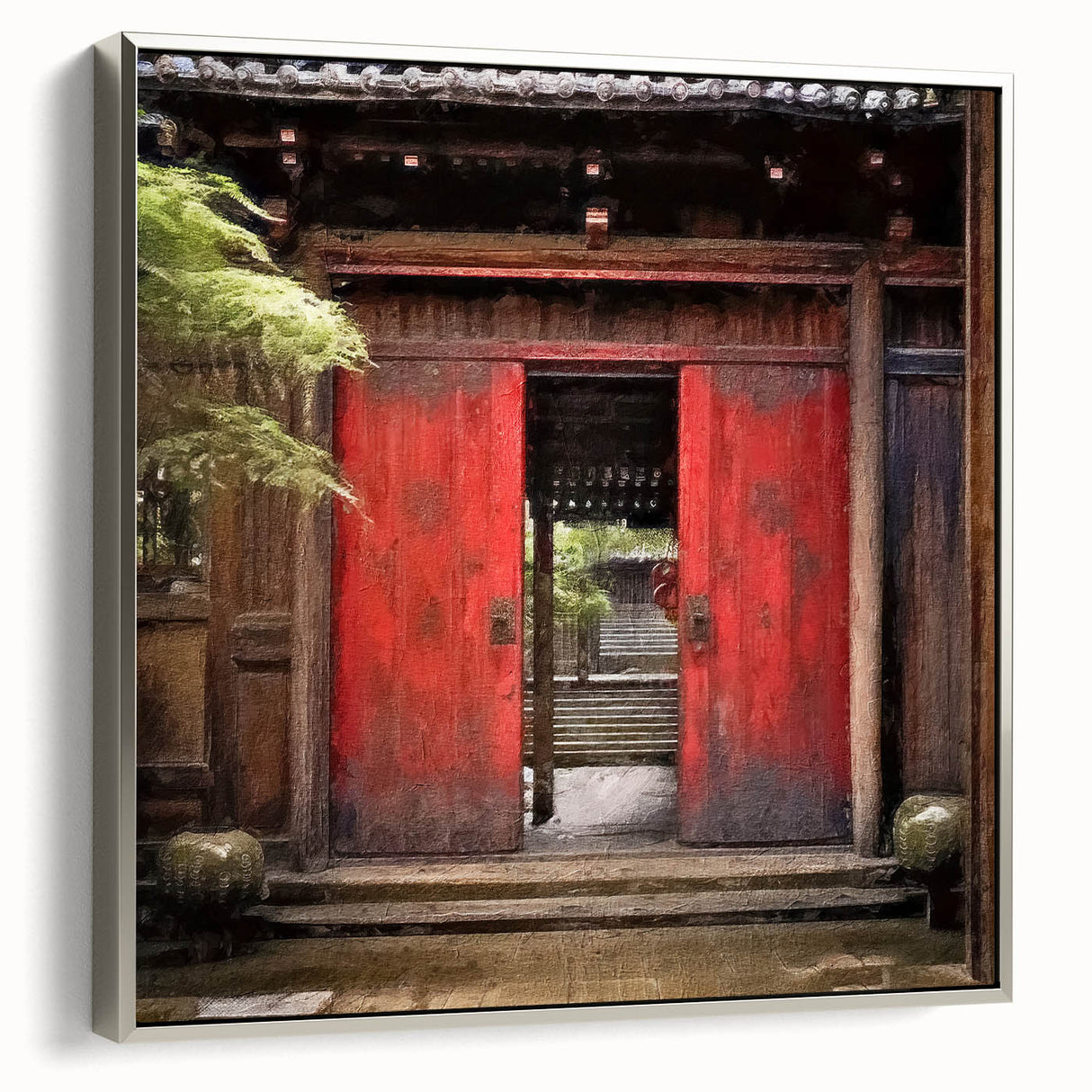Framed canvas depicting a vintage Japanese door in black with colorful accents.