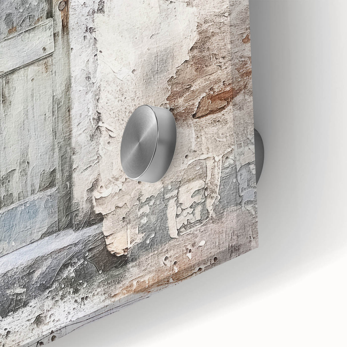 Close-up of a rustic Italian door in muted earth tones on acrylic glass.