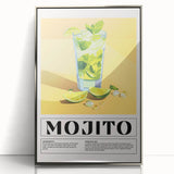 Large art print of a mid-century modernist food and drinks theme in silver frame, ideal for modern kitchen decor.