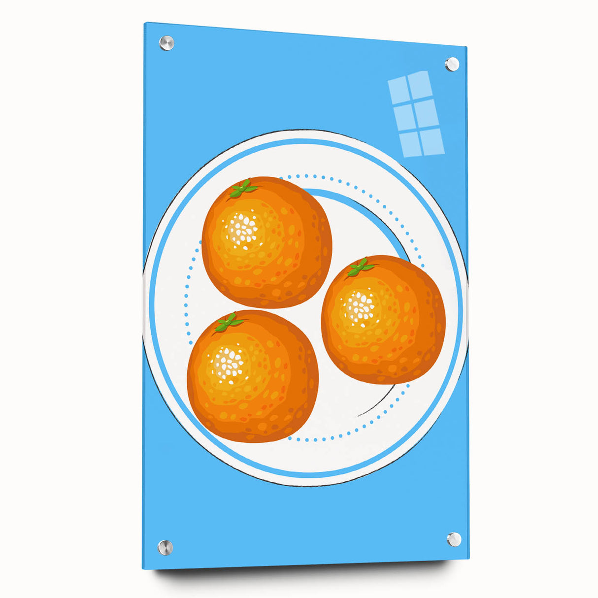 Acrylic glass print of colorful fruit assortment, suited for dining room decoration.