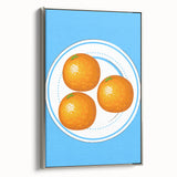 Landscape art painting of colorful fruits on a black background, framed in silver canvas, suitable for kitchen decor.