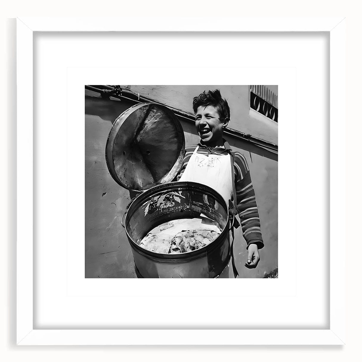 Abstract art print featuring a crowd of people in monochrome, framed in white, ideal for dining room decor.