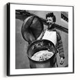 Black and white framed canvas depicting a vintage landscape painting, ideal for bedroom wall art.