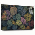 Landscape acrylic glass art piece displayed from a side view, showcasing vibrant colors and intricate design details, supported by stylish pins for mounting.