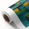Art deco style poster of abstract geometric shapes in muted blue and pink tones on rolled canvas.