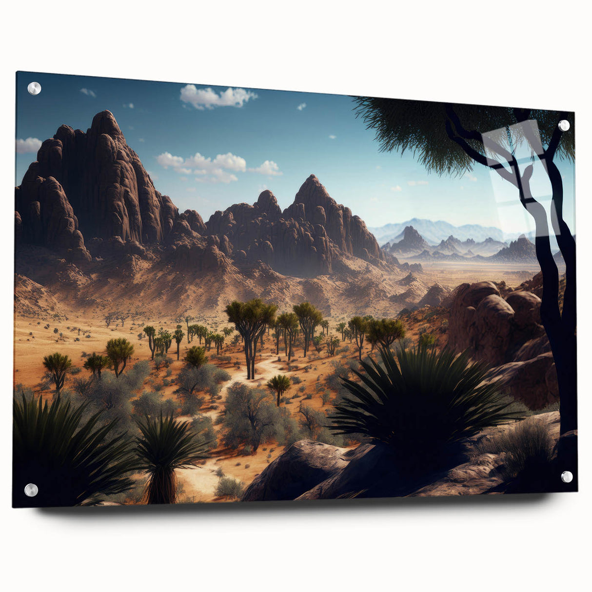 Large abstract wall art depicting an Algerian landscape on acrylic glass, with vibrant earth tones.
