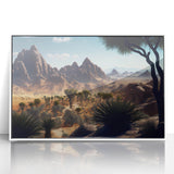 Large art print of an Algerian landscape in mid-century modernist style, framed in white acrylic.