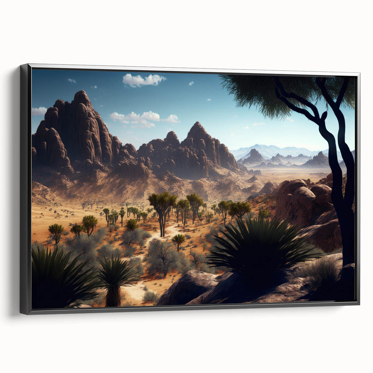 Black and white vintage landscape painting of Algerian scenery on framed canvas, ideal for bedroom wall decor.