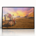 Large abstract wall art depicting an Egyptian scenery in muted earth tones on a framed acrylic.