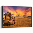 Framed canvas depicting a black and white vintage poster art of an Egyptian landscape, ideal for bedroom wall decor.