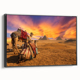 Framed canvas depicting a black and white vintage poster art of an Egyptian landscape, ideal for bedroom wall decor.