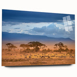 Large abstract wall art of the African Kenya scenery in vibrant earth tones on acrylic glass.