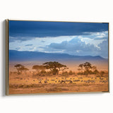 Framed canvas of a Kenyan landscape with vibrant colors and vintage poster style.