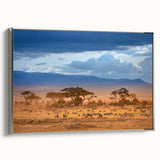 Vintage poster art of a scenic Kenyan landscape on framed canvas, featuring colorful art in extra large size.