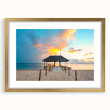 Textured abstract art print depicting a serene Mauritian landscape in muted earth tones, framed in gold.