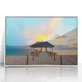 Framed acrylic print of a serene Mauritius landscape in muted earth tones, suitable for modern art wall decor.