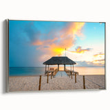 Vintage poster art of Mauritius scenery on a framed canvas, featuring colorful art on a black background.