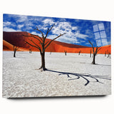 Large abstract depiction of Namibian scenery on acrylic glass, with soft earth tones, ideal for bedroom or dining room art.