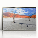 Acrylic print of Namibian landscape, muted earth tones, framed in silver, ideal for modern art wall decor.