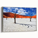 Vintage poster art of a Namibian landscape on framed canvas, featuring muted earth tones, ideal for living room decor.