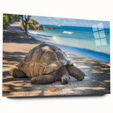 Large abstract wall art depicting the Seychelles landscape on acrylic glass, in vibrant blue and green tones.