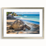 Extra large wall art depicting an abstract Seychelles scenery in textured blues and greens, framed in silver.