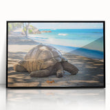 Large abstract wall art depicting a Seychelles scenery in muted earth tones on a framed acrylic.