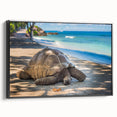 Black and white framed canvas of a Seychelles landscape, ideal for bedroom wall decor.