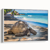 Framed canvas of a vintage Seychelles scenery poster in vibrant colors, suitable for living room decor.