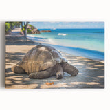 Large black and white stretched canvas featuring a serene Seychelles beach scene.