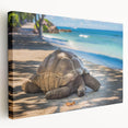 Side view of a stretched canvas depicting a serene Seychelles beach scene, ideal for kitchen wall art.
