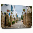Large abstract wall art depicting a Tunisian landscape in muted earth tones on acrylic glass.