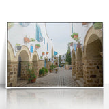 Art deco poster depicting a Tunisian landscape in muted earth tones on a framed acrylic, ideal for modern art wall decor.