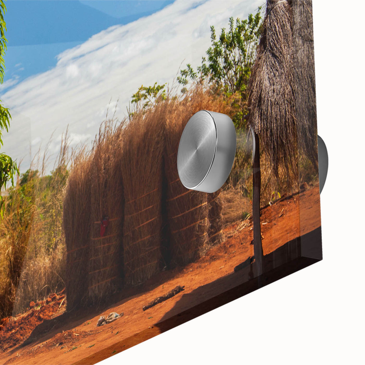 Large abstract wall art featuring a mid-century modernist African scenery in vibrant earth tones on acrylic glass.
